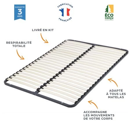 Sommier démonté + pieds 140x190 Kit 44 lattes