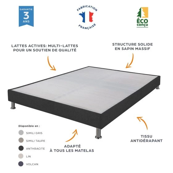 Sommier tapissier + pieds 140x190 Omega anthracite 2x18 lattes