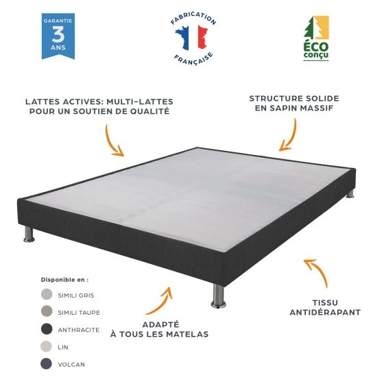 Sommier tapissier + jeu de pieds 140x200 Omega tissu volcan 2x18 lattes