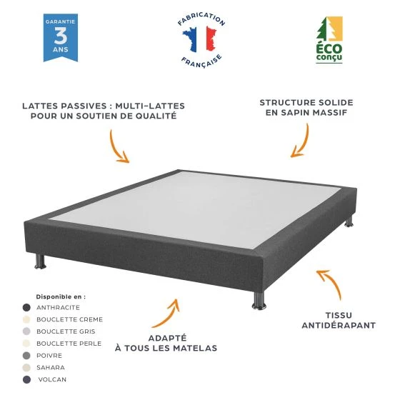 Sommier + pieds Tenor 140x190 tissu poivre 9 lattes